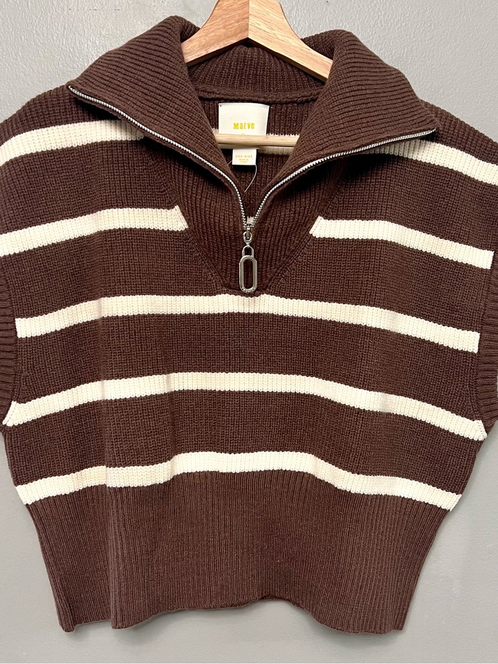 NWT Maeve Brown & White Striped Quarter Zip Vest Sleeveless One Size Preppy